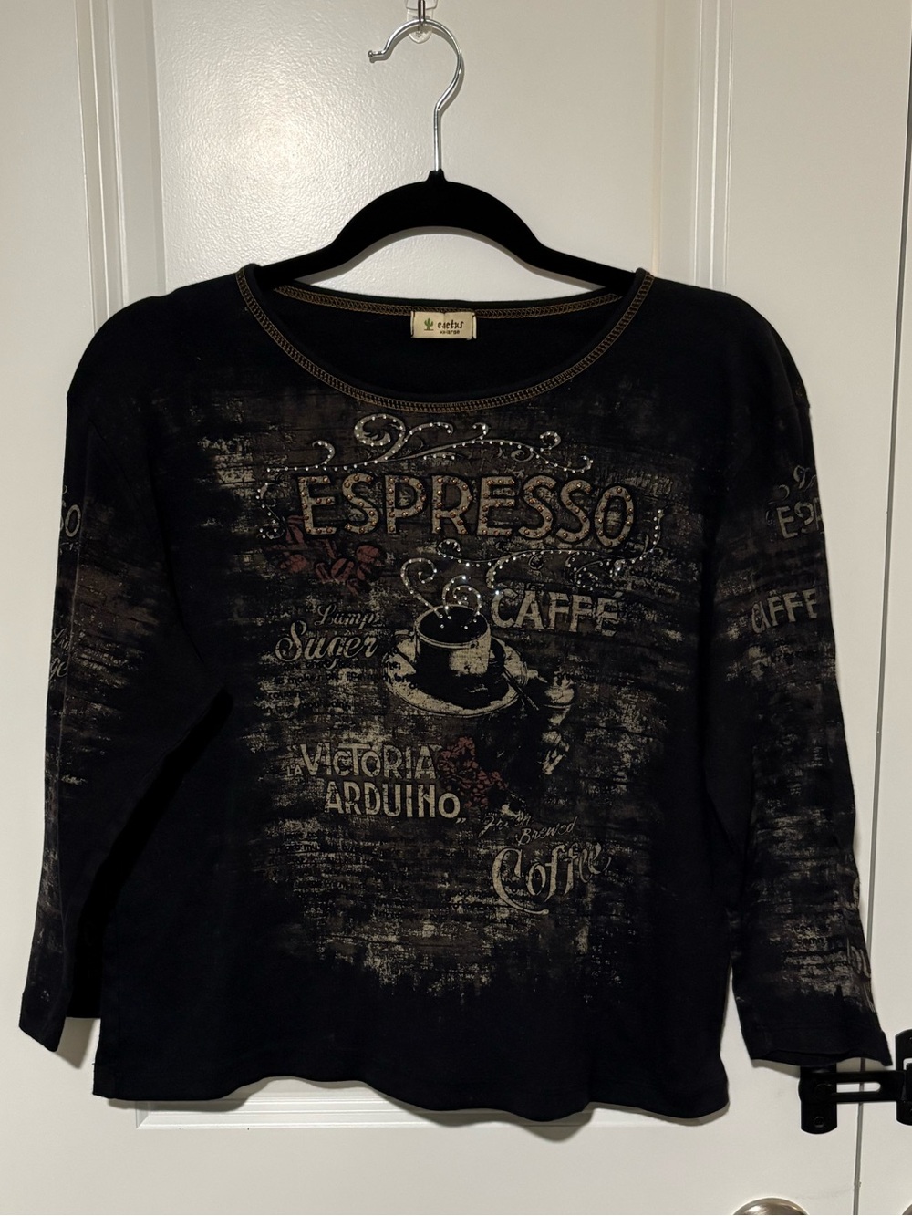 Cactus Black Espresso Coffee Graphic Top Size XXL 3/4 Sleeve